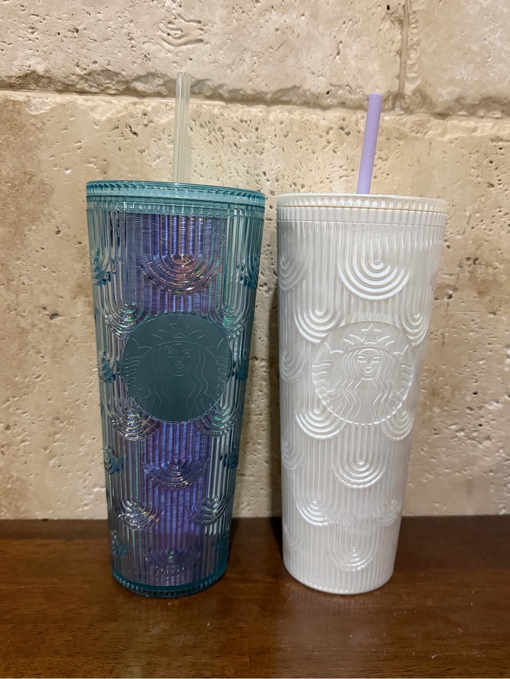 Two Starbucks Iridescent Teal & White Pearl Reusable Tumbler Set
